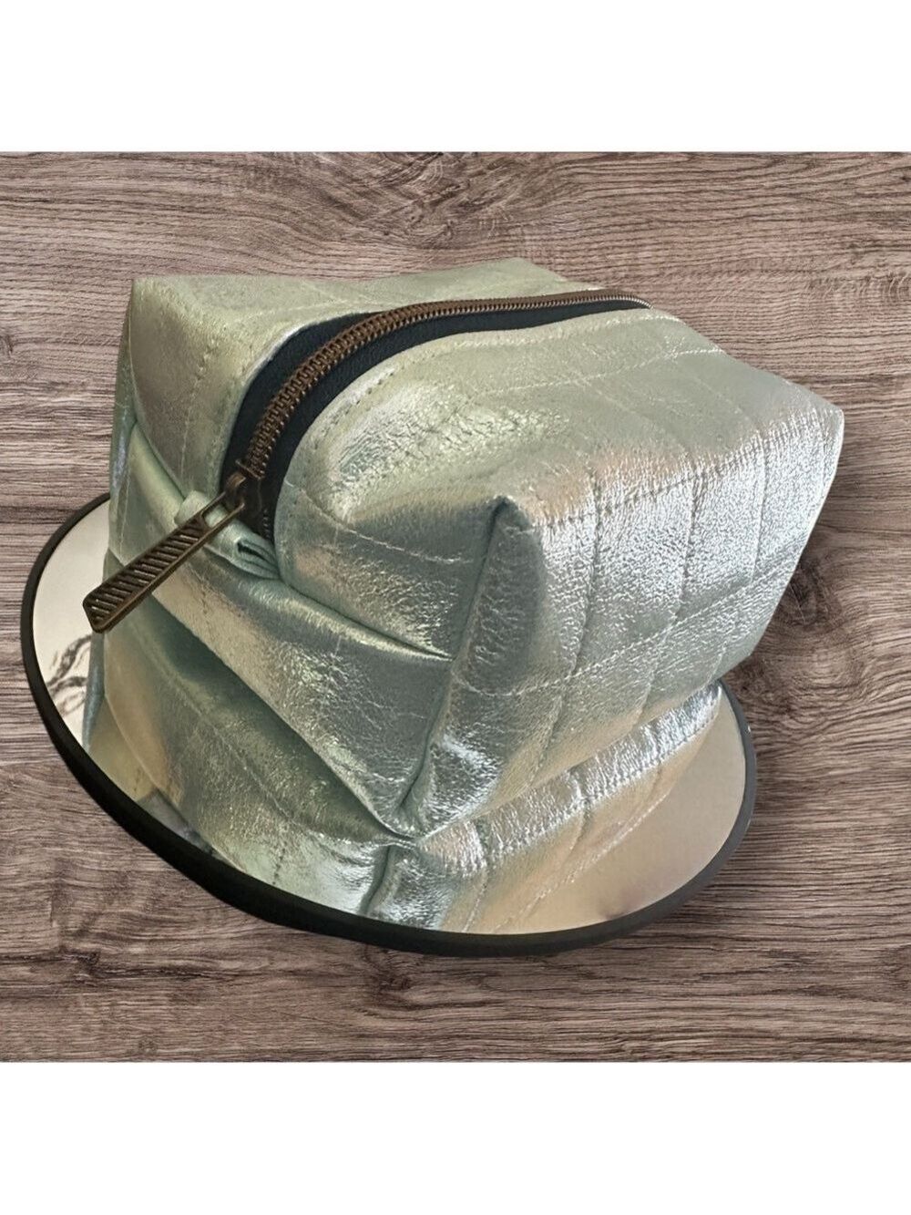 Cosmetic Pouch- Quilted Sea Green Vinyl and Colorful Cotton Interior Handcrafted